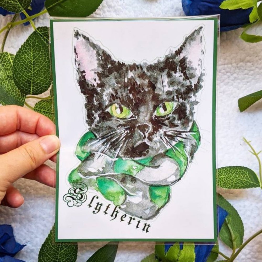 Slytherin Harry Potter Cat Art Print, Hand-painted Cute HP Watercolor Drawing - Picture 1 of 3